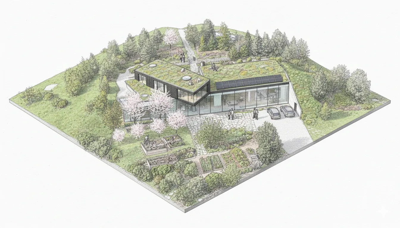 Axonometric sketch of an earth-integrated eco residence