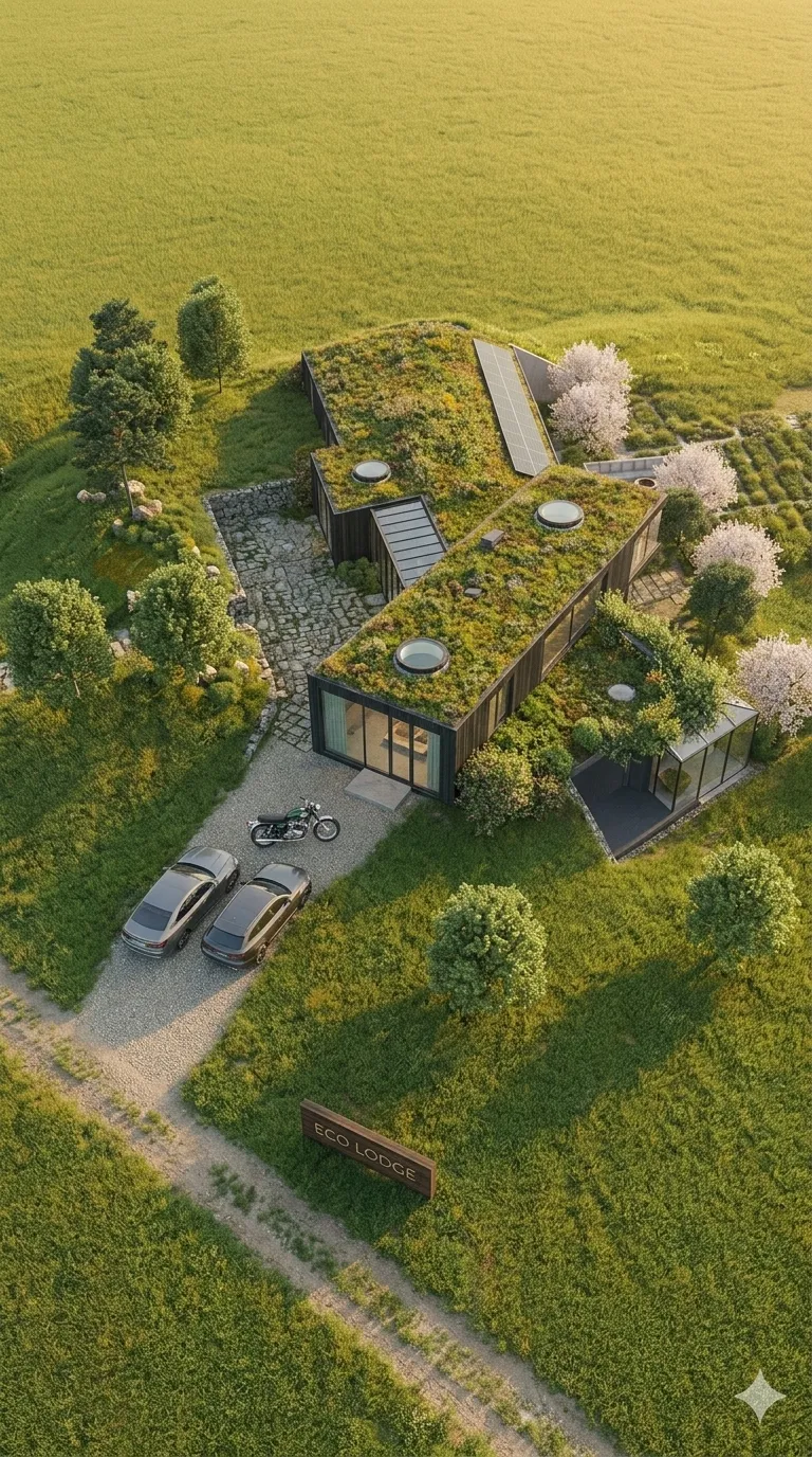 Aerial view of a green-roof eco lodge embedded in the landscape
