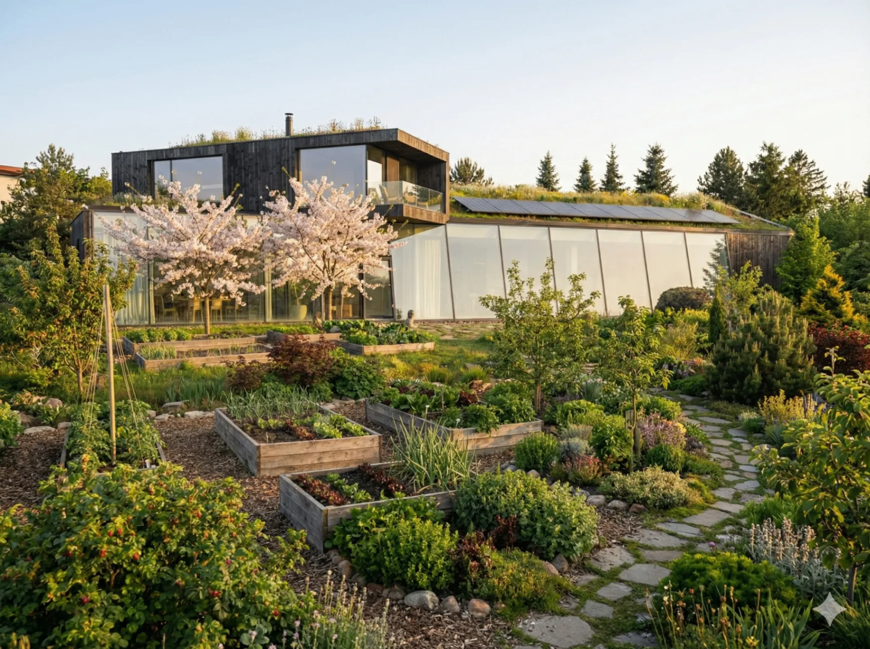 Productive landscape garden around an earth-integrated home