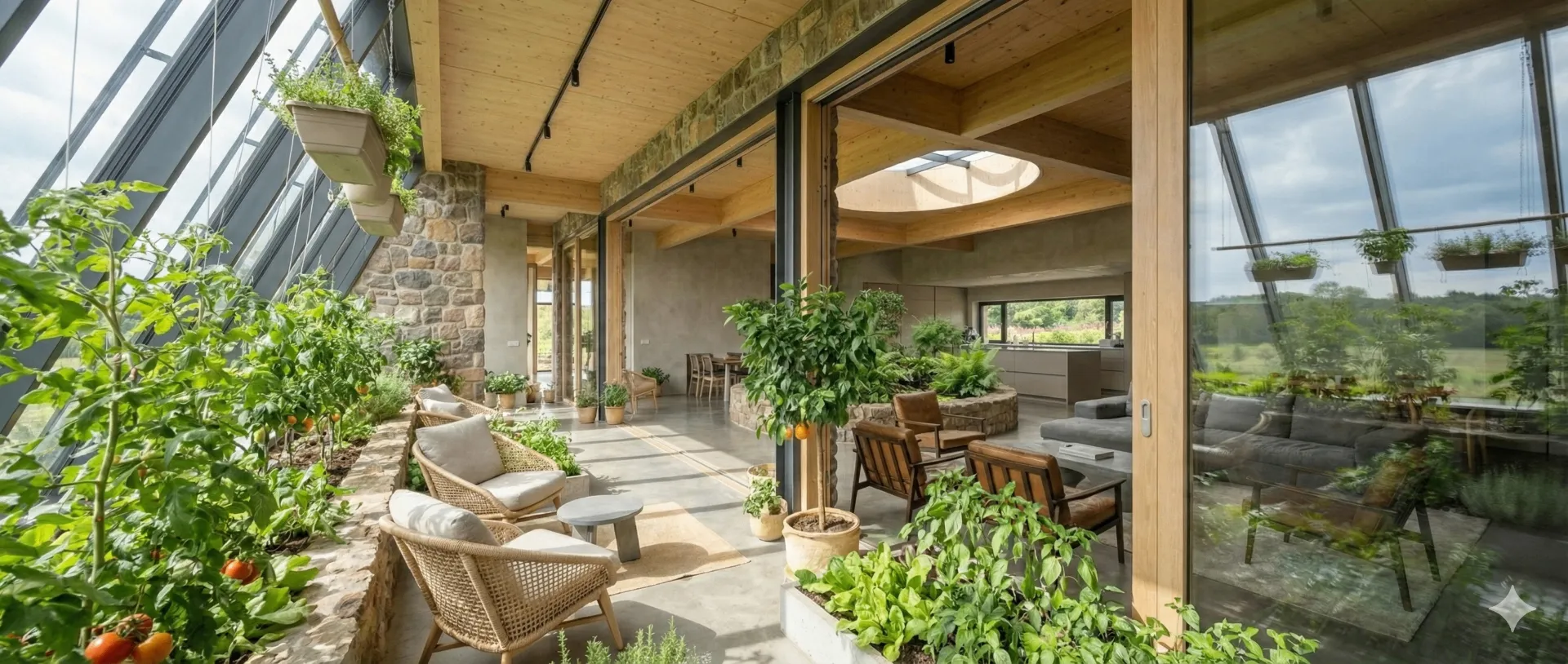 Glass corridor planted with edible species alongside an open living space