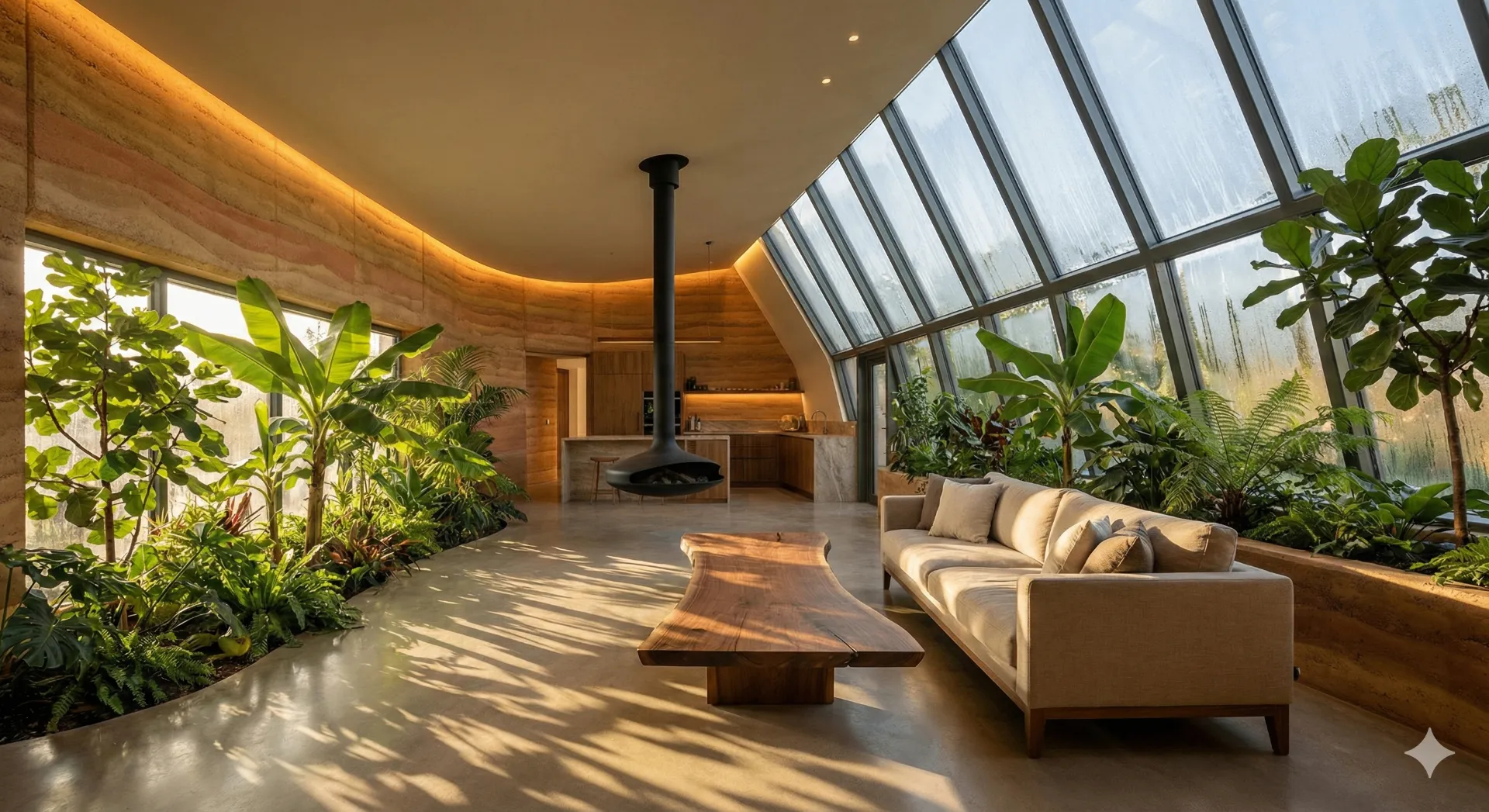 Sunlit greenhouse living room with thermal-mass walls and dense planting
