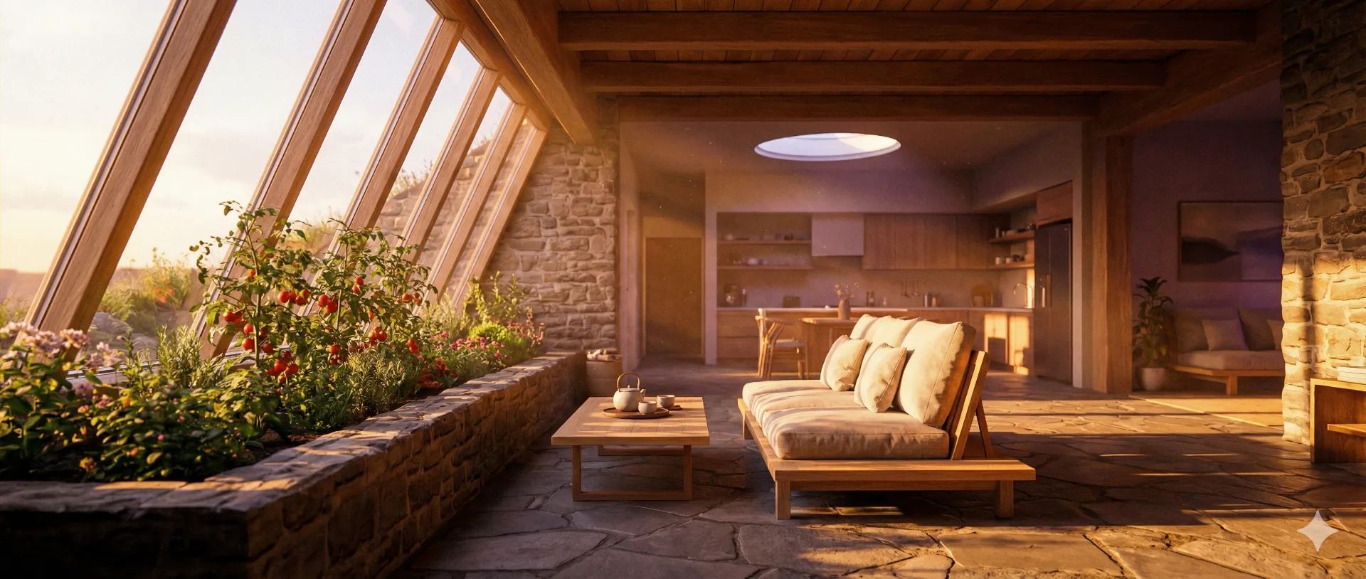 Warm sunset lounge adjacent to a greenhouse planting bed